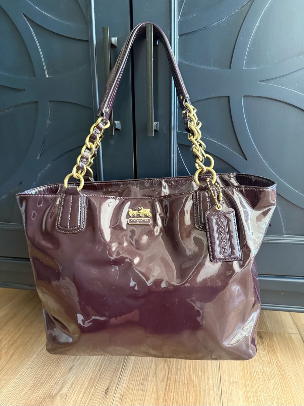 Coach Patent Leather Tote in Plum with Gold-Tone Chain Handles